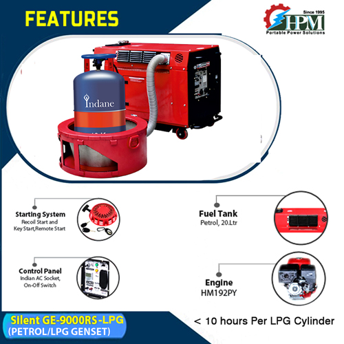 10 KVA Portable Generator, Model GE-9000RS-LPG, Petrol & LPG RUN, Recoil & Self Start